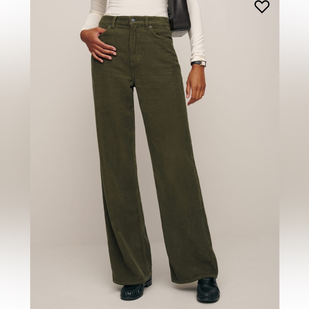 Reformation - Cary High Rise Slouchy Wide Corduroy Pant - Dark Olive